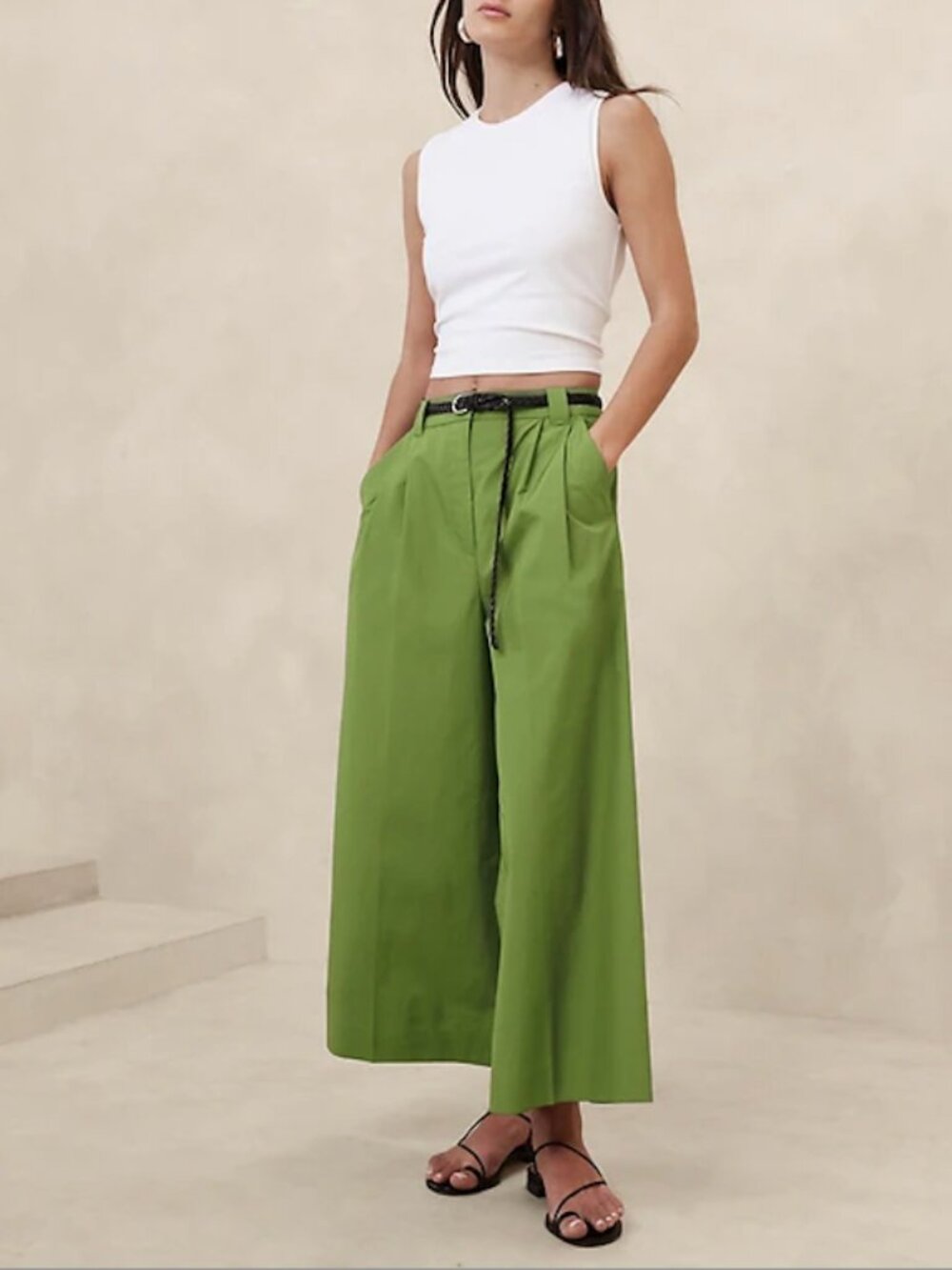 Banana Republic Green Pleated Cotton Poplin Wide-Leg Crop Pant in Size 6